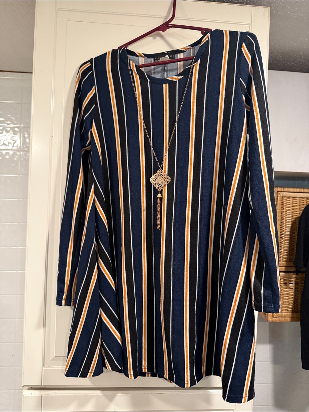 Discreet Striped Long-Sleeve Swing Dress in Navy and Mustard size small 7:28